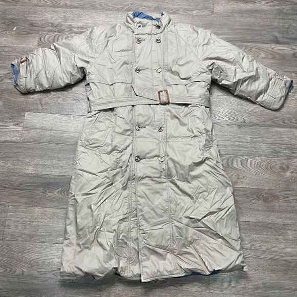 Eddie Bauer Goose Down Winter Jacket Trenchcoat Womens Medium Petite Reversible - Picture 1 of 16